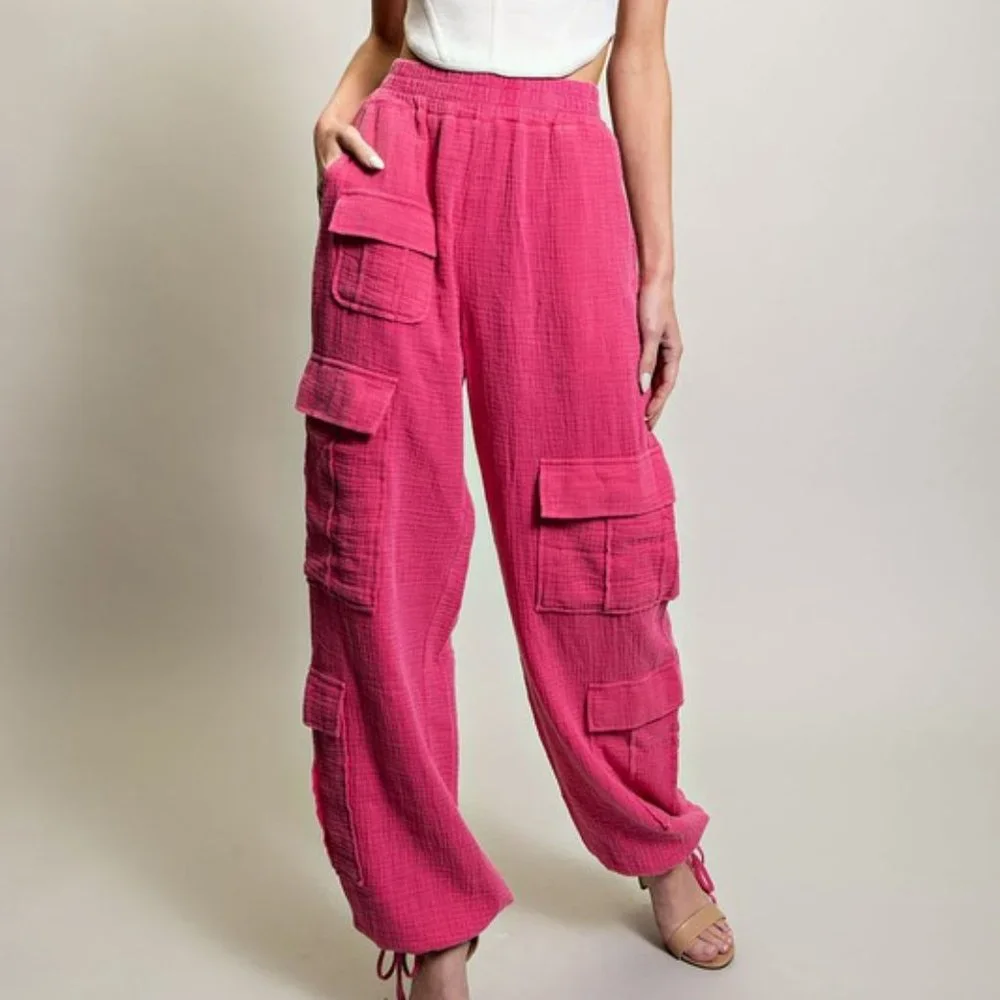 Hot Pink Mineral Washed Cotton Elastic Waist Cargo Pants - Picture 3 of 6